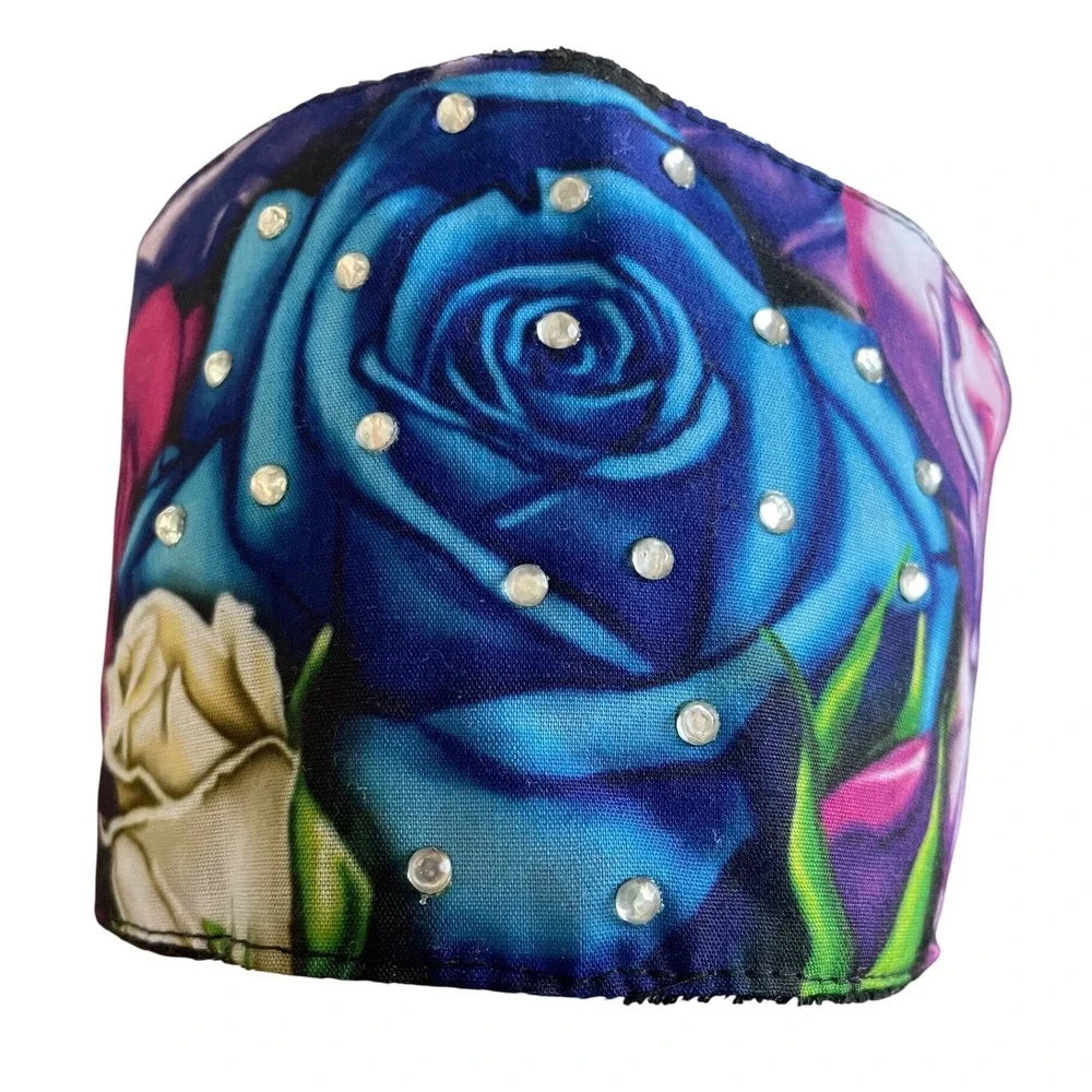 ChopTop Doo Wrap Headband Bandana Blue Rose Floral Rhinestone Biker Headwear‎ OS